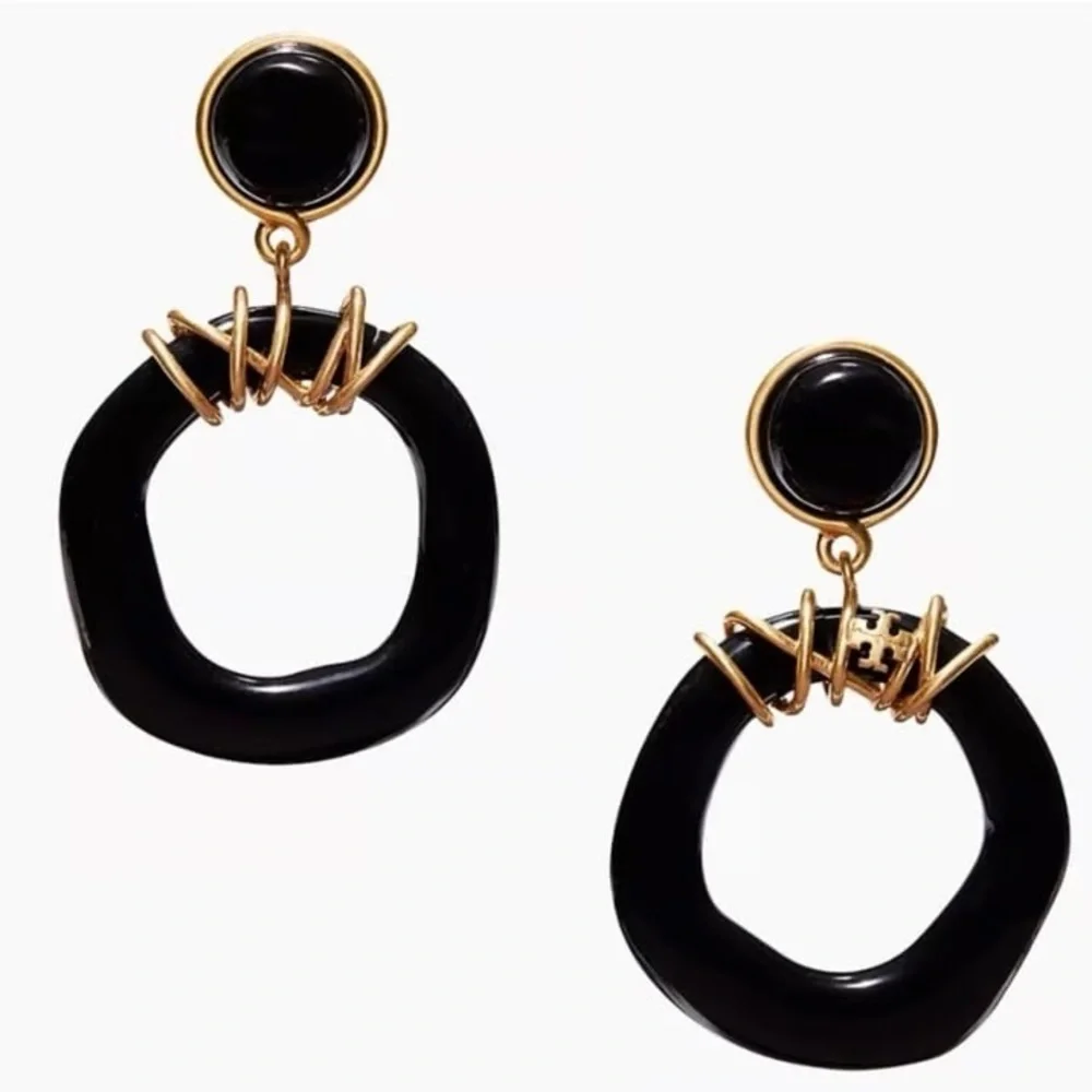 Tory Burch Kira Logo Clip On Doorknocker Drop Earrings in 18K Gold Plated, Black